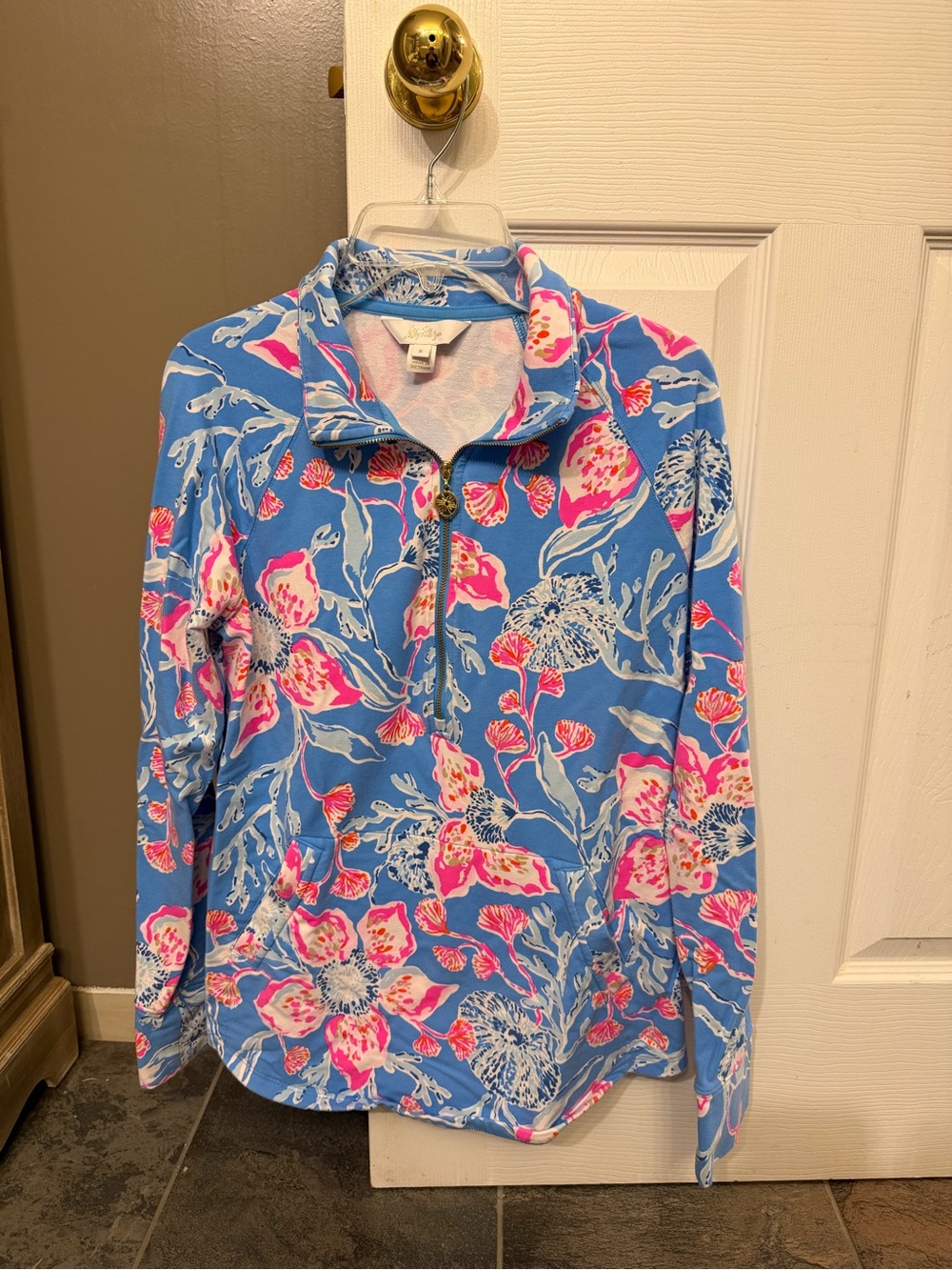 Lilly Pulitzer Blue Floral Zip Jacket with Pink & White Blooms